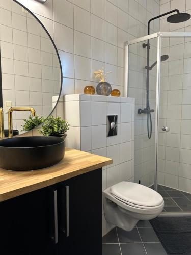 a bathroom with a sink and a toilet and a shower at A Place To Stay Stavanger, apartment 4 in Stavanger