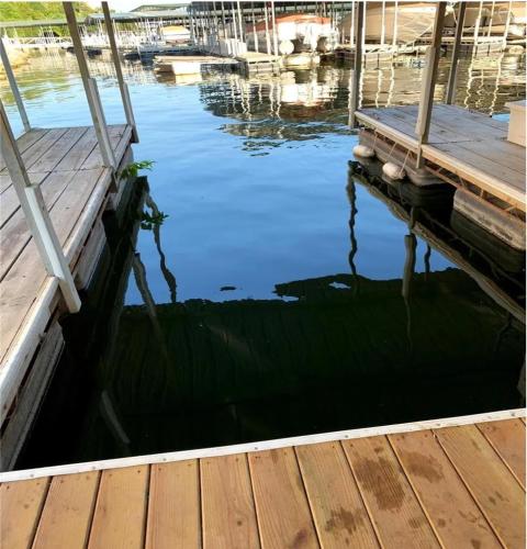 a dock on a body of water with boats at The best lake view in Ozark. in Lake Ozark