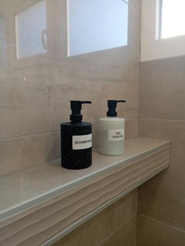 dos botellas de odorizantes sentadas en un estante en un baño en Le Belle vue, en Saint-Étienne