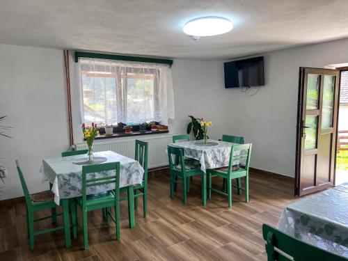 a dining room with two tables and green chairs at Casa Forrás in Borsec