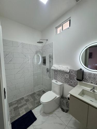 a bathroom with a toilet and a shower and a sink at Apartaestudios La capital in San José