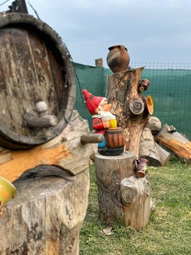 a bird sitting on top of a wooden stump at Cabanutele La Denisa in Dubova