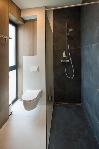 a bathroom with a shower and a toilet in it at ALIVE HOTEL in Oradea