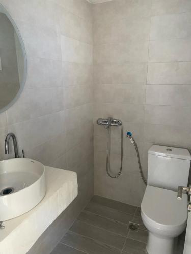 a bathroom with a sink and a toilet and a shower at Beach Side Apartment in Kardamaina
