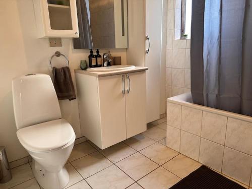 een badkamer met een toilet, een wastafel en een bad bij Stylish Apartment Retreat Near Downtown in Reykjavík