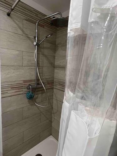 une douche avec un rideau de douche dans une salle de bain dans l'établissement Bucolique & Cosy studio, à Amblainville