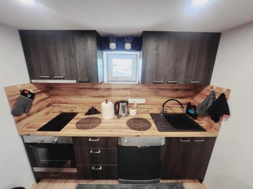 a kitchen with wooden cabinets and a counter top at BANJANSKI RAJ in Arandjelovac