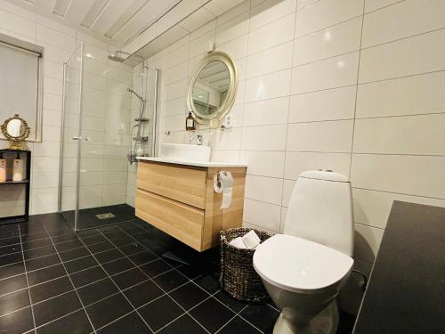 a bathroom with a toilet and a sink and a mirror at Stor villa i centrala Trosa intill Trosa ån och havet in Trosa