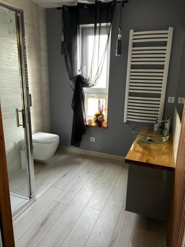baño con aseo y lavabo y ventana en Pokoje pokój u Bani, en Skaryszew