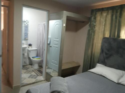 uma casa de banho com uma cama, um WC e um espelho. em Villa rozenuda em Boca Chica