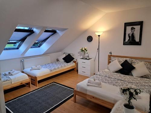 Duas camas num quarto com clarabóias em Willa Krakowia em Krzeszowice