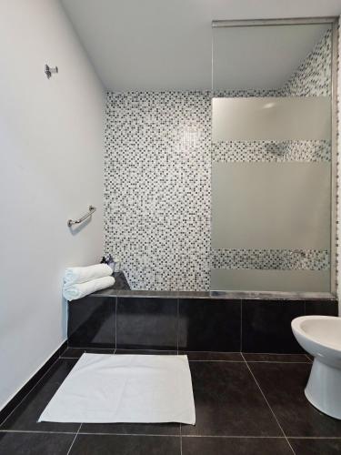 a bathroom with a shower and a sink and a toilet at Posadas Fratelli in Salta