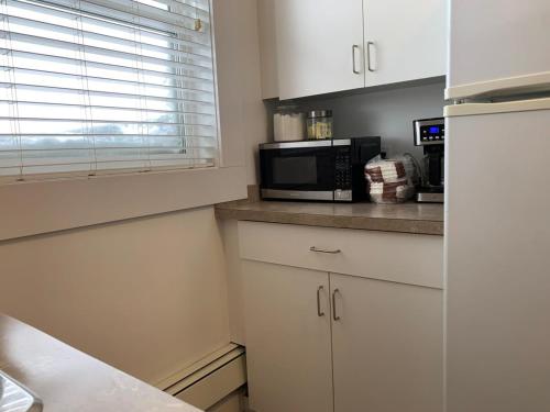 a kitchen with white cabinets and a microwave at Large 1-bedroom Condo l Downtown l WiFi & Smart TV in Moose Jaw