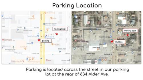 a map of the street in our parking at Large 1-bedroom Condo l Downtown l WiFi & Smart TV in Moose Jaw