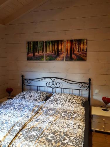 a bed in a bedroom with two pictures on the wall at Blockhaus Edelweiss in Rieden