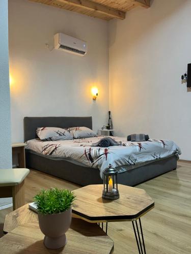 a bedroom with a bed and a coffee table at Villa & Apartments Cityview Ohrid in Ohrid