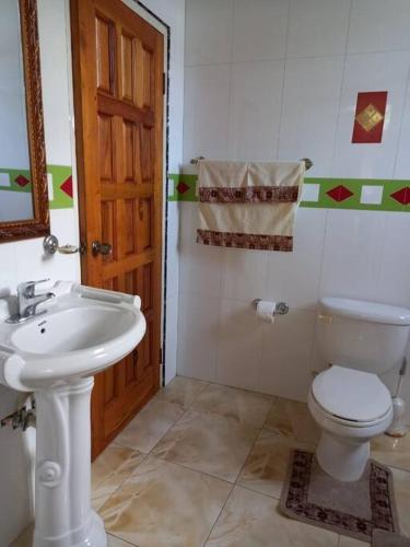 a bathroom with a white toilet and a sink at Kassion Corner Montego bay in Montego Bay