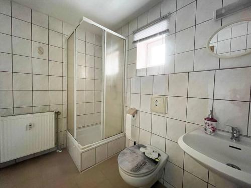 a white bathroom with a toilet and a sink at Gemütliche Wohnung Landlust in See-Nähe in Tauche