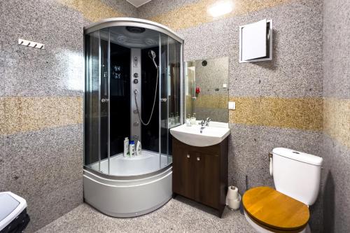 a bathroom with a shower and a toilet and a sink at NORDHOUSE I in Jastrzębia Góra
