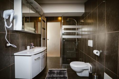 uma casa de banho com um WC, um lavatório e um chuveiro em Bellacya Resort & Spa em Sovata