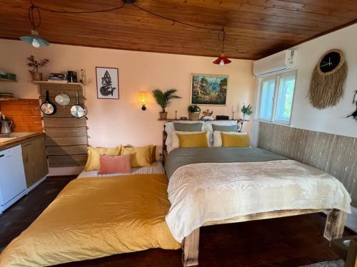1 dormitorio con 2 camas y cocina. en Love Shack, en Balatonudvari