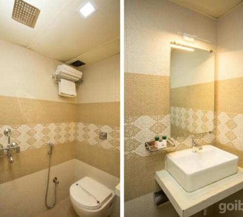 two pictures of a bathroom with a toilet and a sink at Hotel Avenue Regency in Mumbai