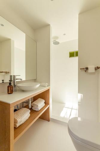 une salle de bain avec un lavabo, des toilettes et un miroir dans l'établissement Maison Emilisa, à Paradou