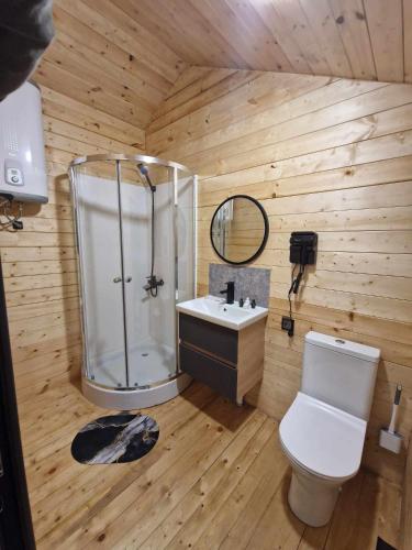 a bathroom with a shower and a toilet and a sink at NICE HOUSE HOTEL Meghri in Meghri