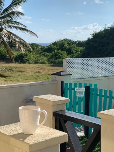 a coffee cup sitting on the ledge of a balcony at Lailamar Villa, Ocean view, Pool & AC - Ground Floor in Saint Philip