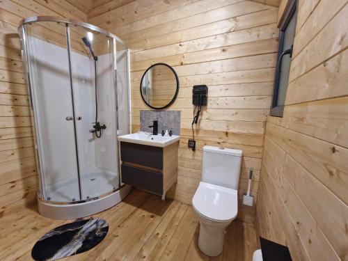 a bathroom with a shower and a toilet and a sink at NICE HOUSE HOTEL Meghri in Meghri