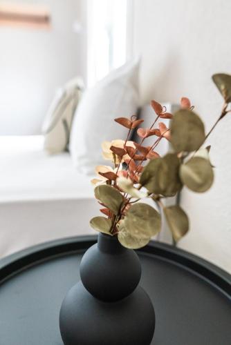 a black vase with a plant sitting on a table at Blue Hug Apartments in Plataria