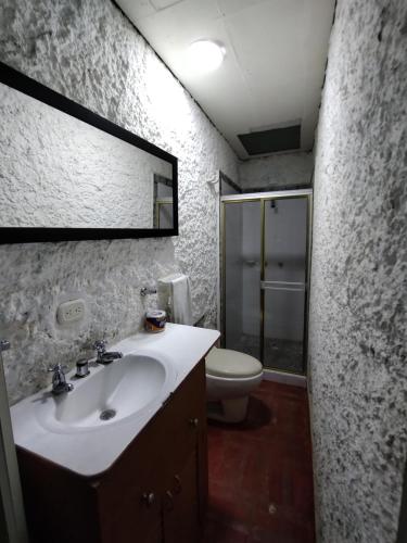 y baño con lavabo, aseo y espejo. en Finca Los Lagos, en Santa Rosa de Cabal