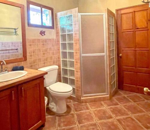 uma casa de banho com um WC, um chuveiro e um lavatório. em Casa Pastor Beautiful ocean views 3 bedroom house em Sámara