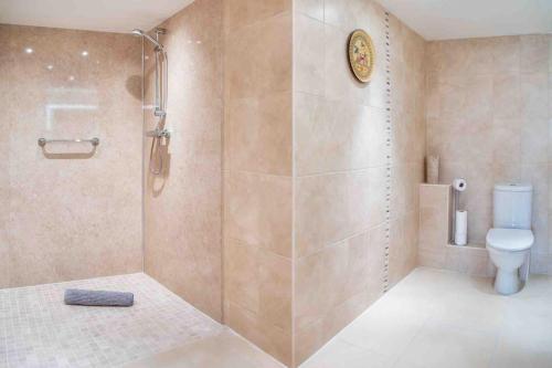ein Bad mit einer Dusche und einem WC in der Unterkunft Ground Floor Sea View Apartment Private Terrace in Torquay