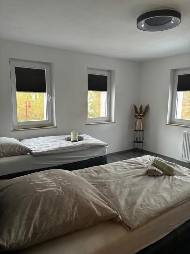 two beds in a room with two windows at Ferienwohnung Papststeinblick in Kurort Gohrisch