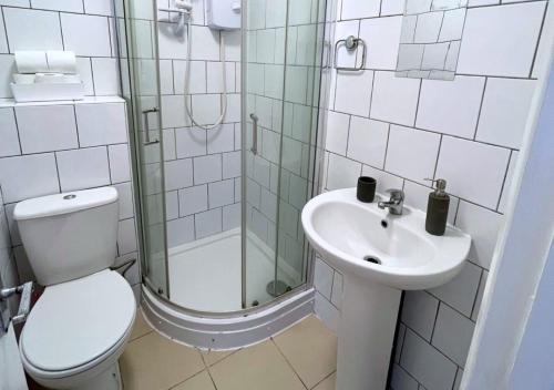 een badkamer met een toilet en een wastafel bij Cute Studio Garden Flat, 5 min to tube in Londen