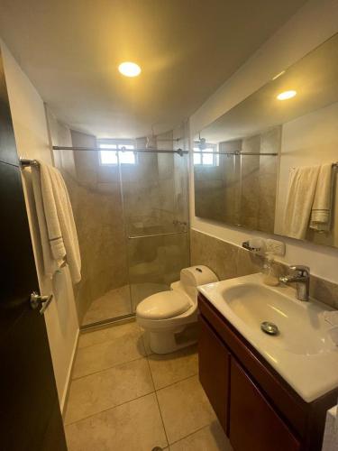 a bathroom with a shower and a toilet and a sink at Apartamento vista al mar in Cartagena de Indias