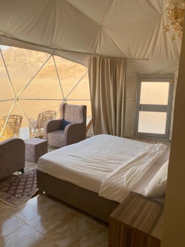 瓦迪拉姆的住宿－Wadi Rum Ali Bubble camp，一间卧室设有一张大床和一个窗户。