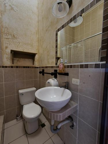 a bathroom with a sink and a toilet and a mirror at Central Hostel Boutique in Antigua Guatemala