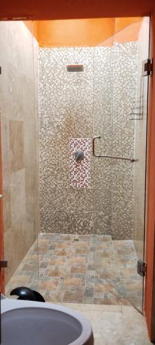 a shower with a glass door in a bathroom at Hotel City of Dreams Antigua in Antigua Guatemala