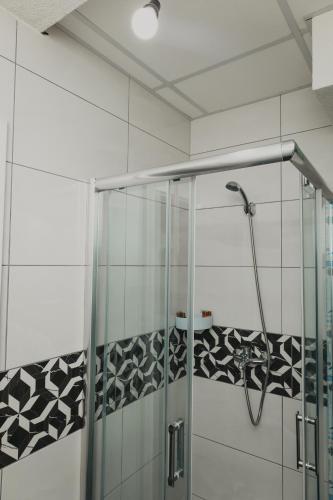 una doccia con una porta in vetro in un bagno di Grozd Apartment a Ohrid