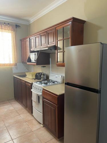a kitchen with a stainless steel refrigerator and wooden cabinets at Apartahotel Alvear in Santo Domingo