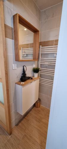 - une petite cuisine avec un évier et un miroir dans l'établissement Gite Mérignac proche Aéroport, à Mérignac