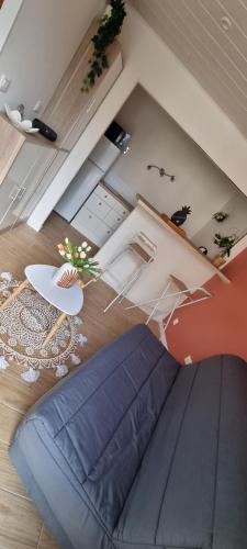 - un salon avec un canapé bleu dans l'établissement Gite Mérignac proche Aéroport, à Mérignac