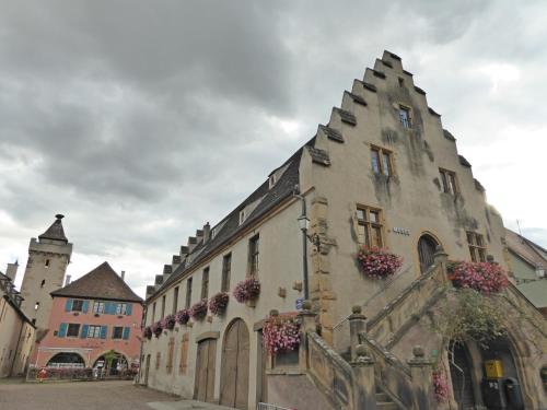 an old building with flowers on the side of it at Studio Rouffach in Rouffach