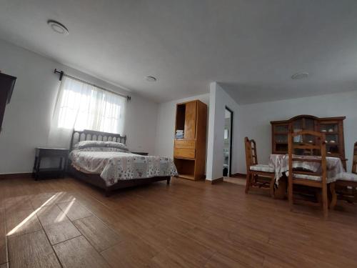 a bedroom with a bed and a table and a chair at Posada Santa Elena (1 cama) in Santa María Atlihuetzián