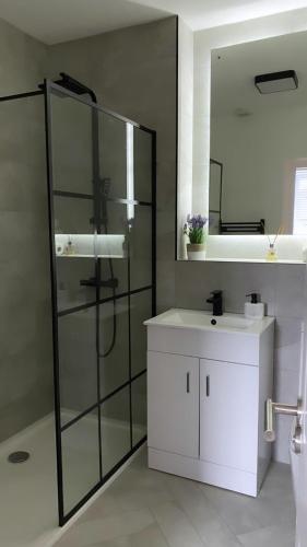 a bathroom with a sink and a mirror at 3 Bedroom House Near City Centre Glasgow Sleeps 7 in Glasgow