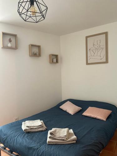 une chambre avec un lit bleu avec des serviettes dessus dans l'établissement Appartement coeur de ville Angers, à Angers