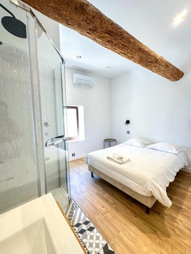 a bedroom with a bed and a glass shower at Hôtel d'Angleterre, Salon-de-Provence in Salon-de-Provence