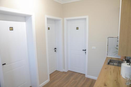 a room with three doors and a mirror at Villa Tabaku in Berat